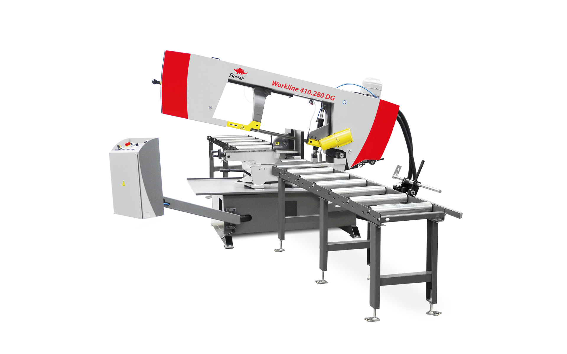 Workline 410.280 DG gravitatsiooniline lintsaag kuni 280 mm materjali lõikamiseks kahepoolsete nurklõigetega, ergonoomilise juhtpaneeli ja kõvasulamist saelindi täppisjuhikuga koos rullradadegamõlemal pool saemasinat 