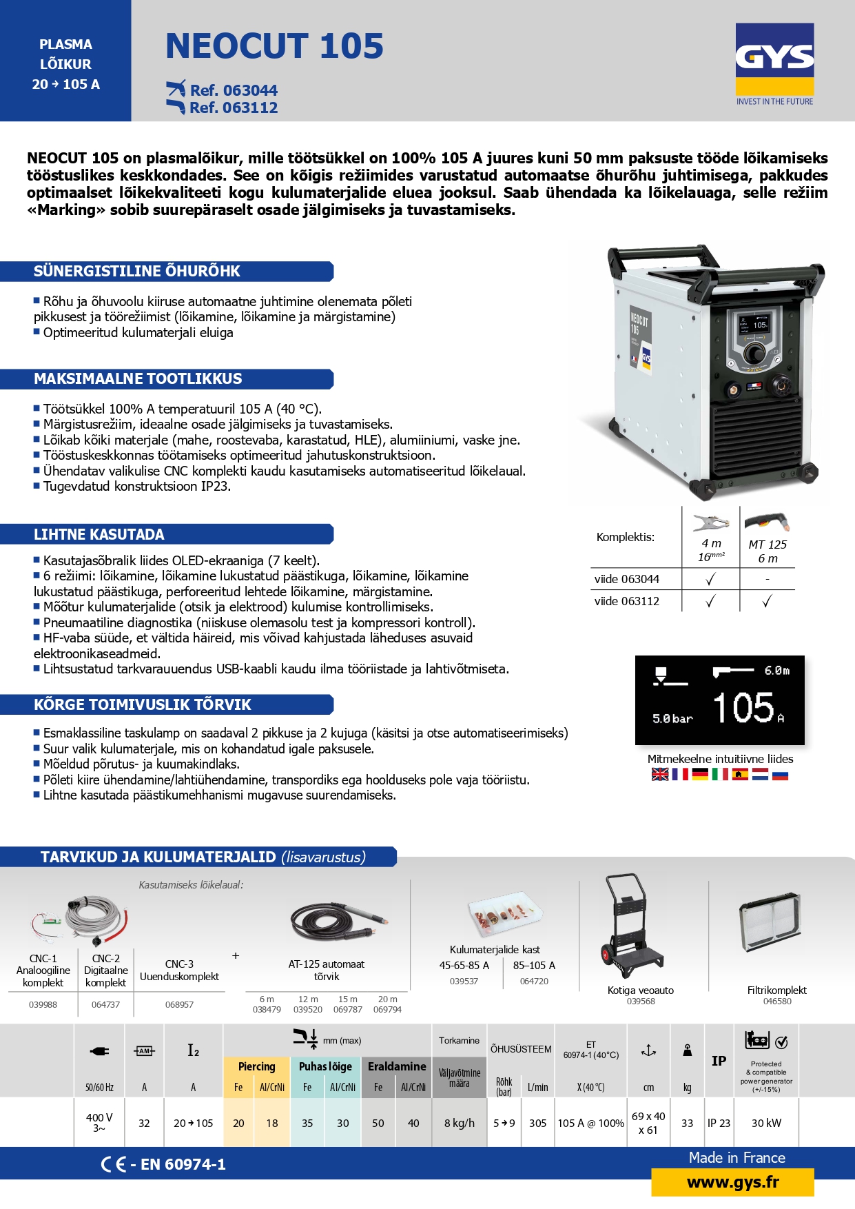Plasma lõikus masin,  NEOCUT 105 juhend