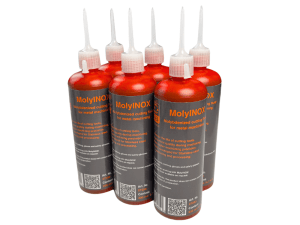 MolyINOX - Molübdeniseeritud lõikevedelik metallide töötlemiseks  200ml. Pildil 6 pudelit koos pika otsaga. Art. Nr. 27250