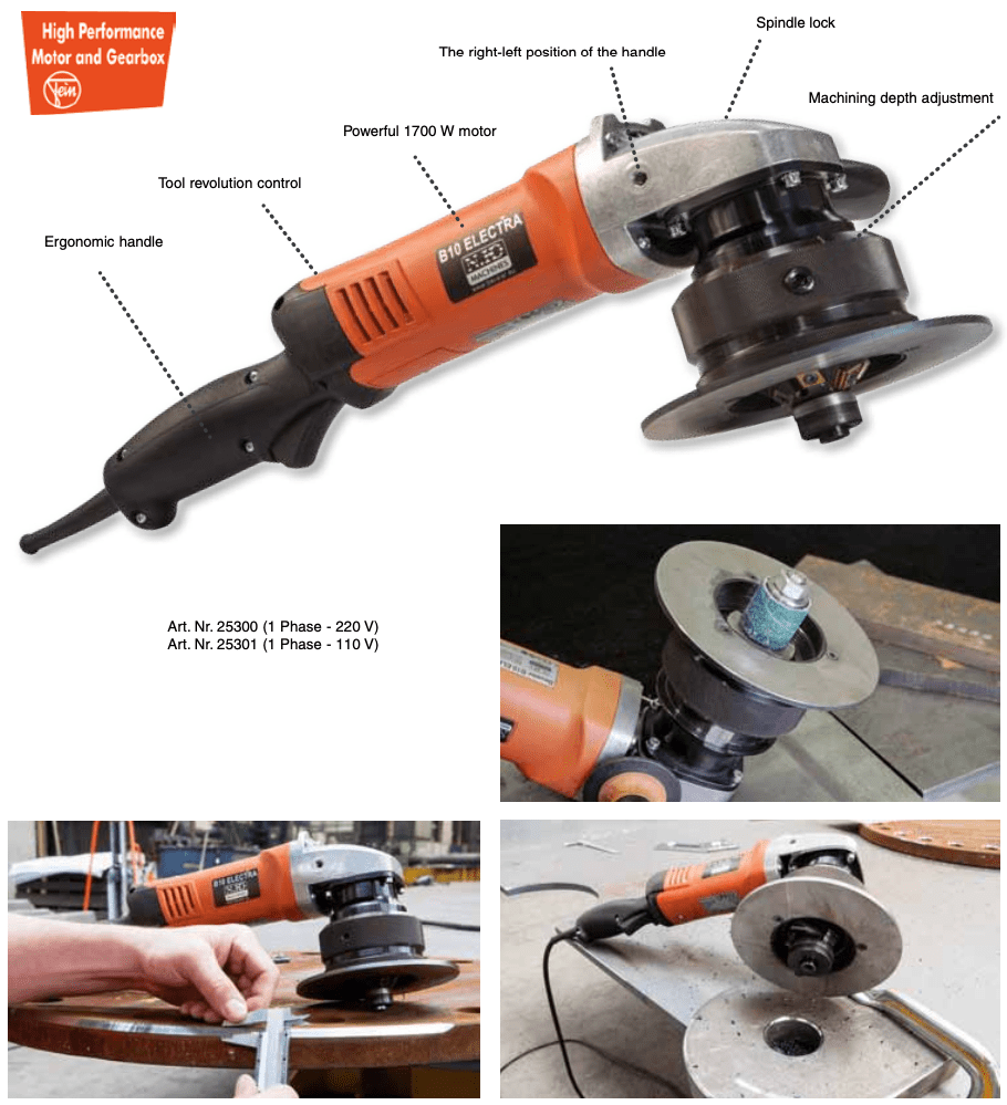 Pilt võimsast 1700W Beveler B10 ELECTRA – käsifaasimismasin , millel on ergonoomiline käepide ja erinevad  omadused, sealhulgas faasilõikuri pöörlemiskiiruse kontroll, spindli lukustus ja töötlemis sügavuse reguleerimine.