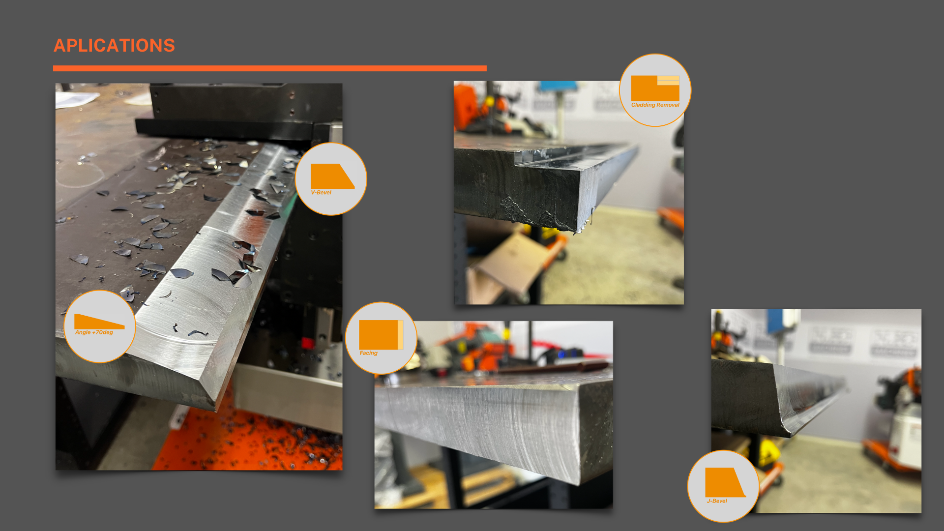 Pilt, mis demonstreerib UZ47 SKILLMASTER faasimasina erinevaid kasutusviise, sealhulgas V-faasi, J-faasi, tasapinnalõikuse ja kattekihi eemaldamise tehnikaid, metallilaastudega tööpingil.