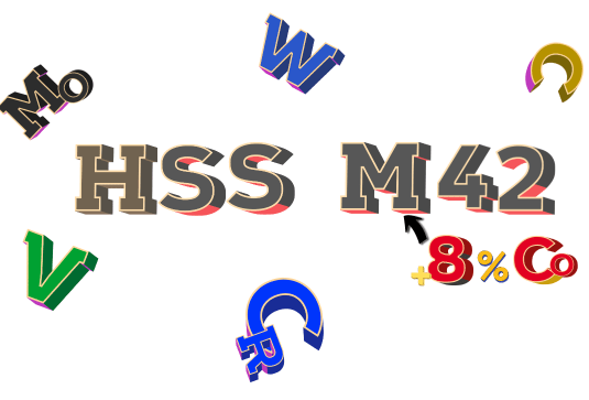 Ilustratiiv HSS M42 – kiirlõiketeras + keemilised tähised